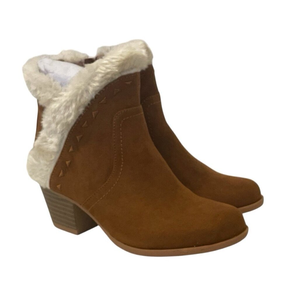 UNR8ED Coco Girls Faux Fur Ankle Boots Youth Size 13M Chestnut Trim Block Heel